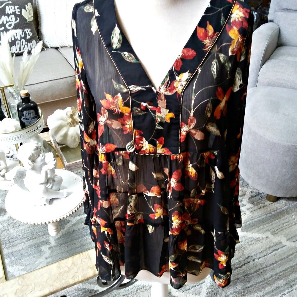 NEW! ROMANTIC Boho FLORAL Ruffle BLOUSE SZ L